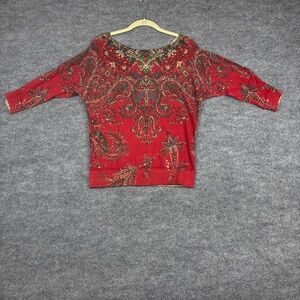 Chaps Denim Red Paisley Knit Top Petite Medium Boho Officecore